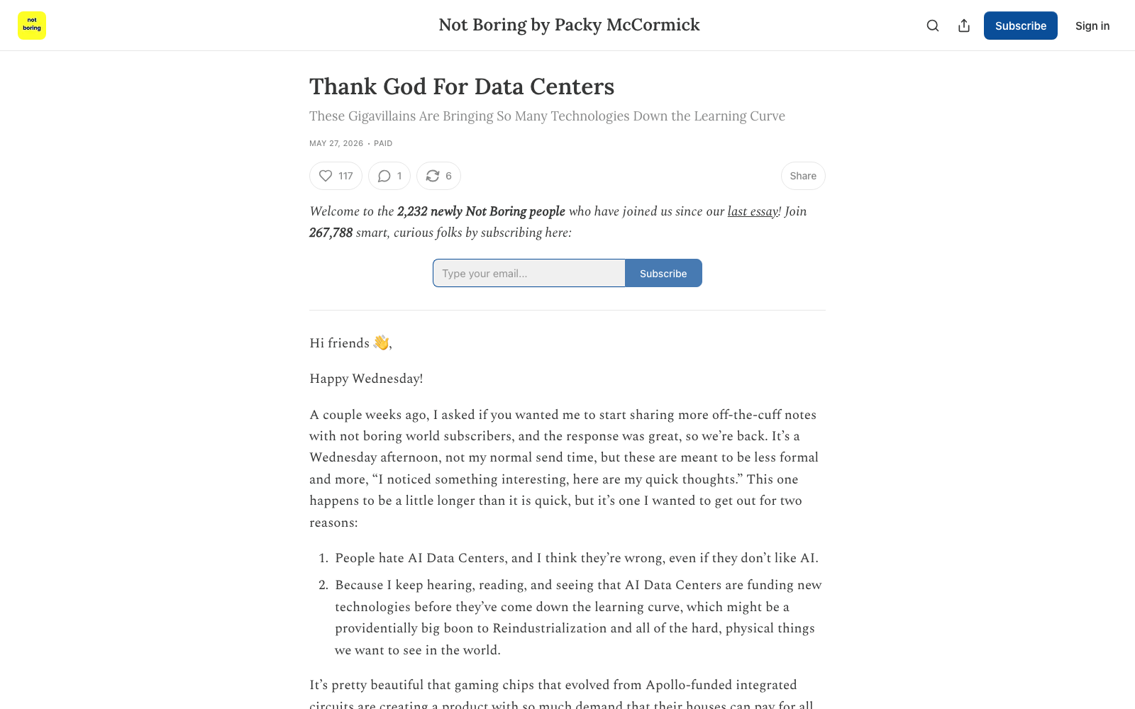 Not Boring article preview for Thank God For Data Centers